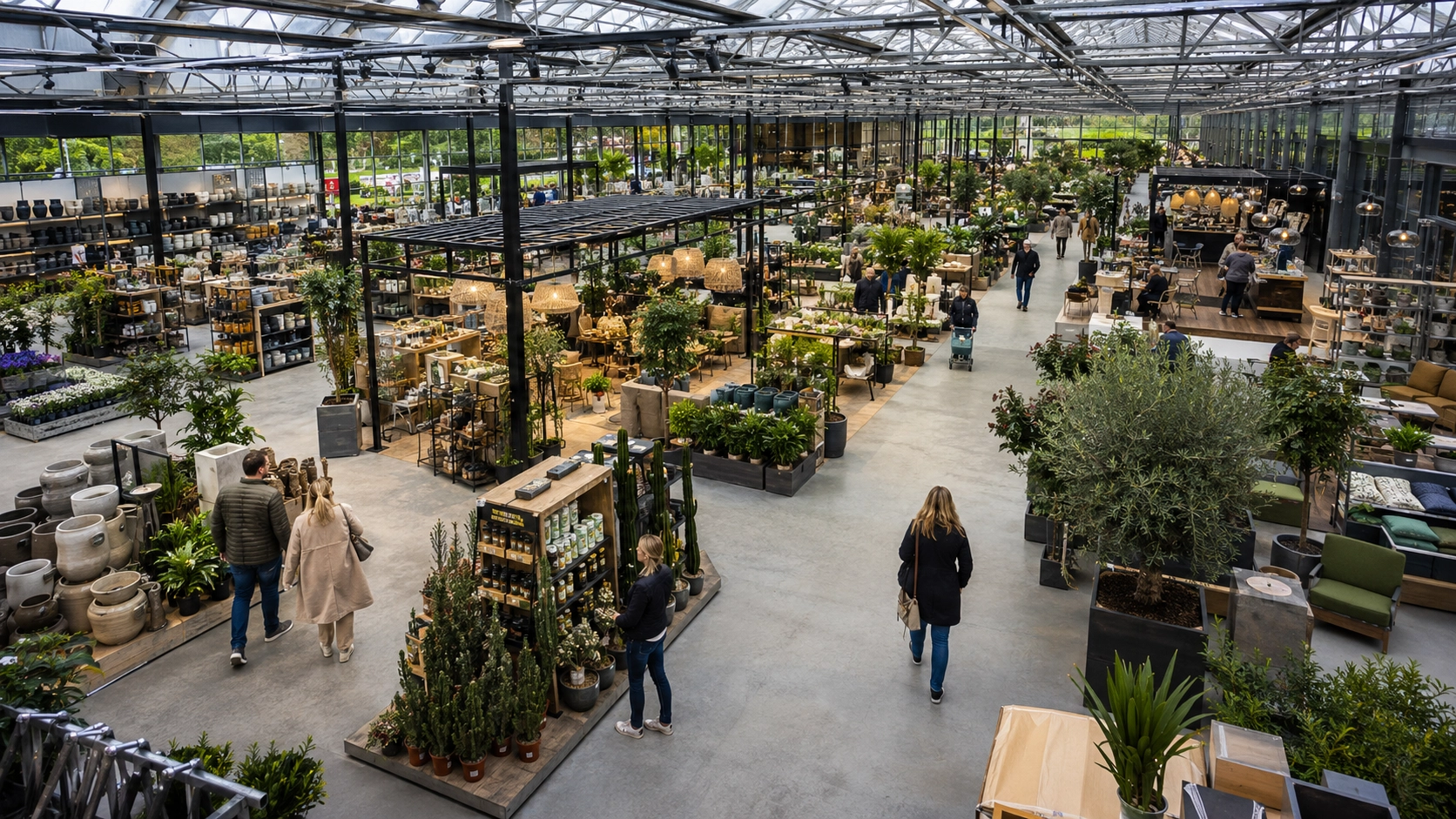 Sfeerafbeelding binnenkant tuincentrum met winkelend publiek