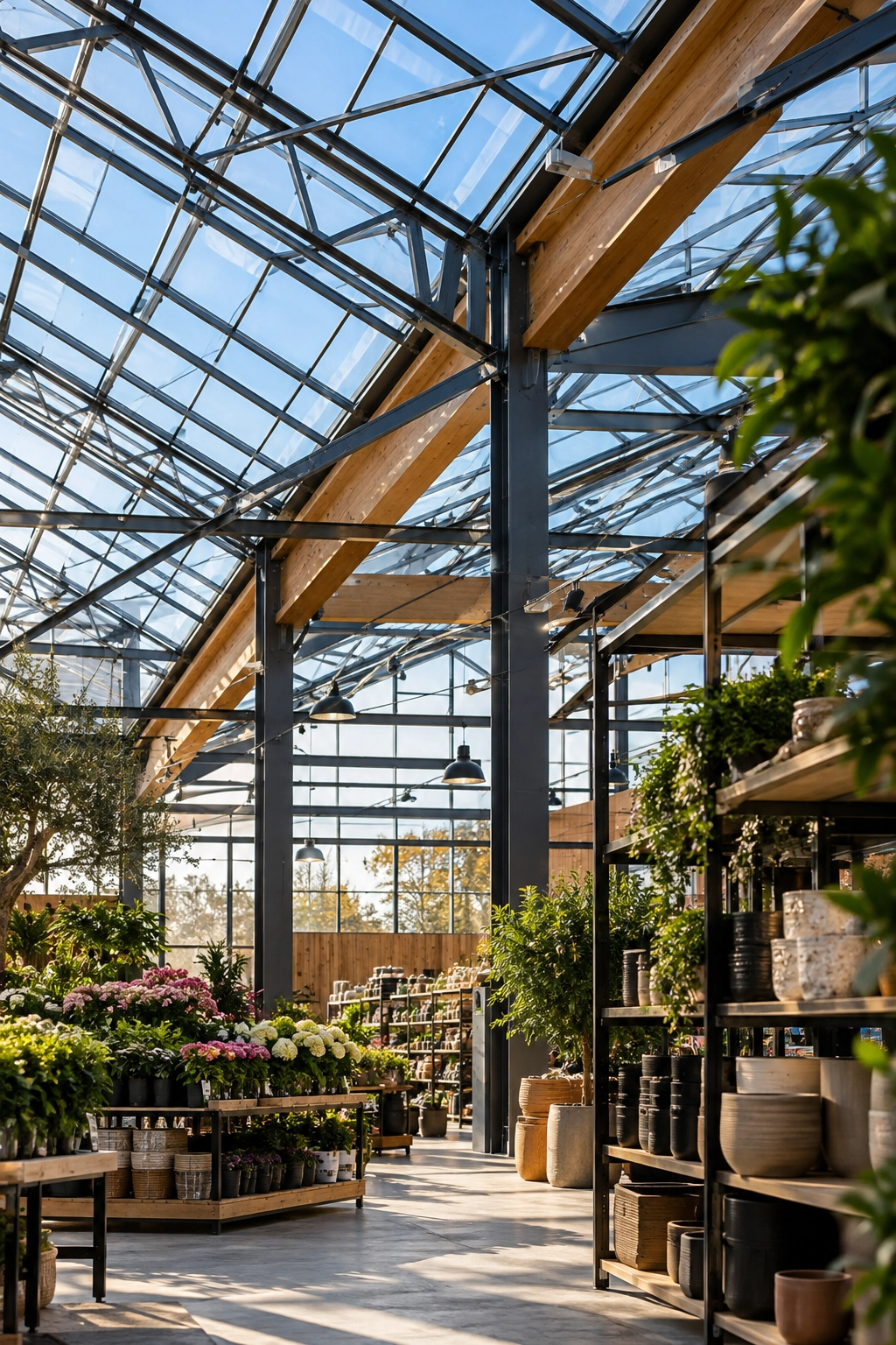 Voorbeeld sfeerafbeelding planten en stellages in een tuincentrum van Tuincentra Totaal