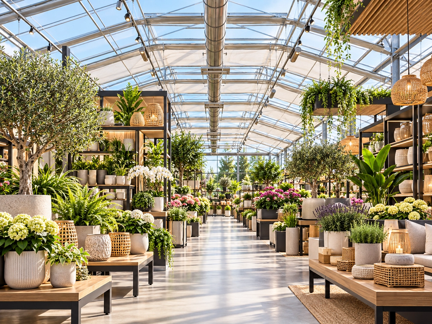 Assortiment aan planten binnen een tuincentrum